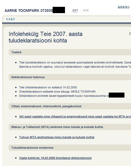 Tuludeklaratsiooni esitamine 2007 – TEHTUD!